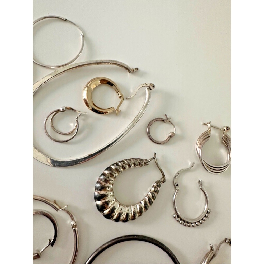 Sterling Silver SINGLE EARRINGS set 22 Hoops 925 Hinged Textured 52 grams - Picture 5 of 11